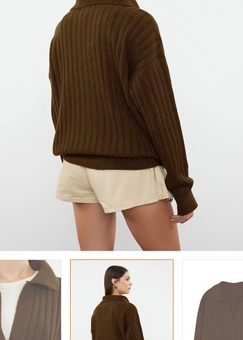 V Yaka Örgü Kahverengi Kadın Kazak - Görsel 3