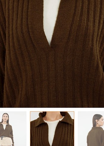 V Yaka Örgü Kahverengi Kadın Kazak - Görsel 2