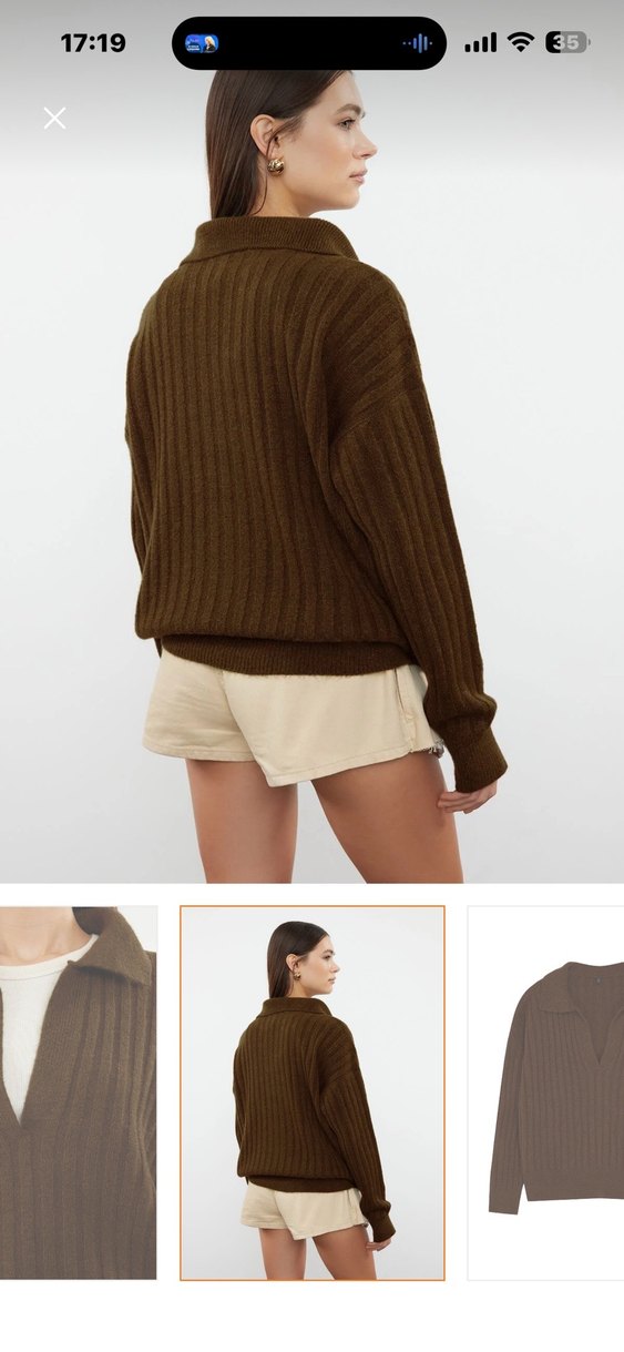 V Yaka Örgü Kahverengi Kadın Kazak - Görsel 3