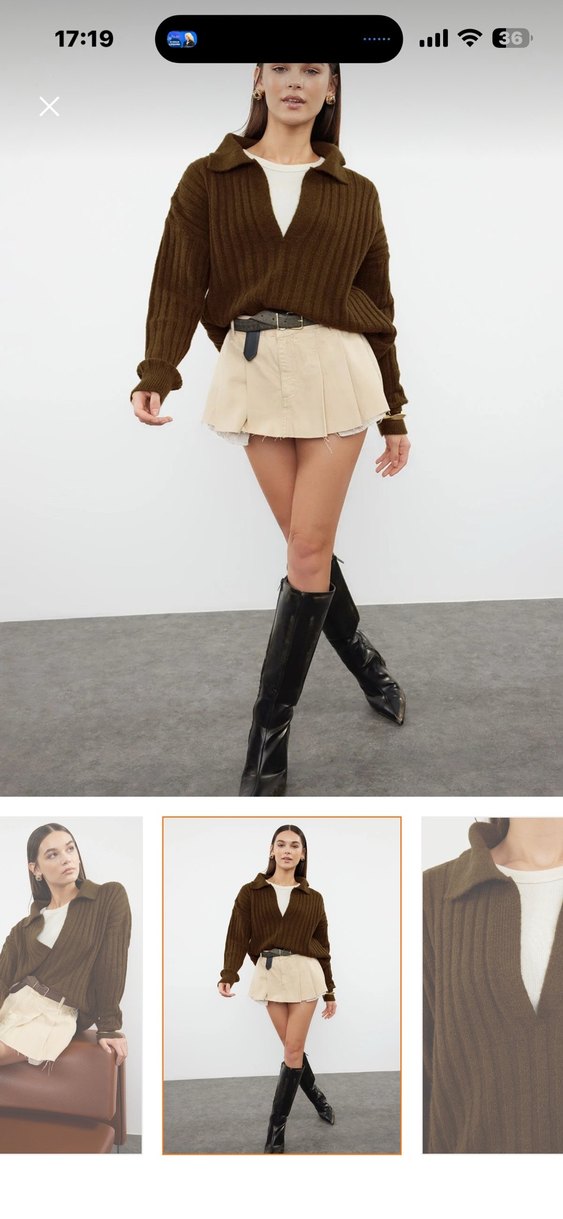 V Yaka Örgü Kahverengi Kadın Kazak - Görsel 4