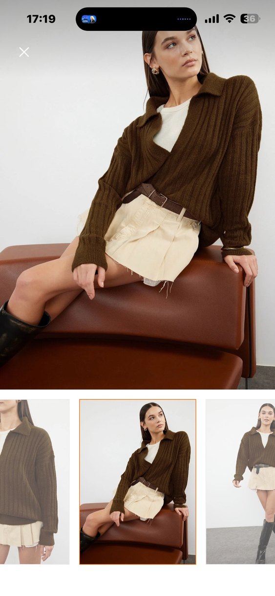 V Yaka Örgü Kahverengi Kadın Kazak - Görsel 5