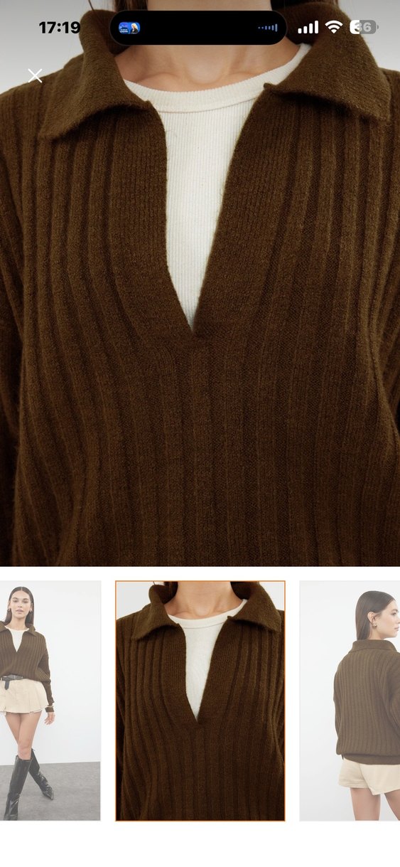 V Yaka Örgü Kahverengi Kadın Kazak - Görsel 2