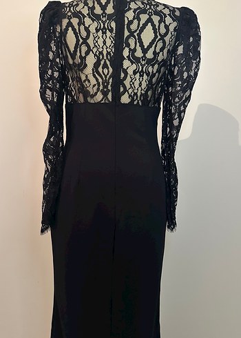 Dantel Detaylı Siyah Uzun Kollu V Yaka Elbise - Görsel 9