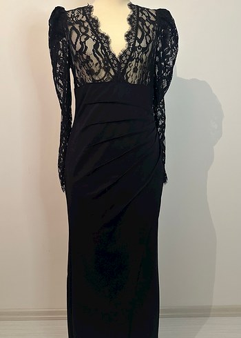 Dantel Detaylı Siyah Uzun Kollu V Yaka Elbise - Görsel 6