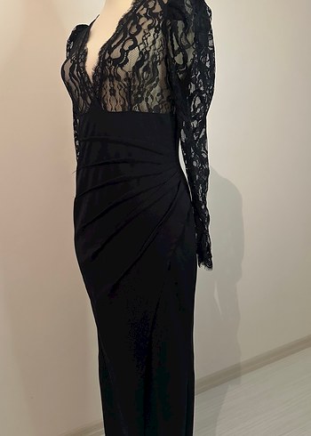 Dantel Detaylı Siyah Uzun Kollu V Yaka Elbise - Görsel 5