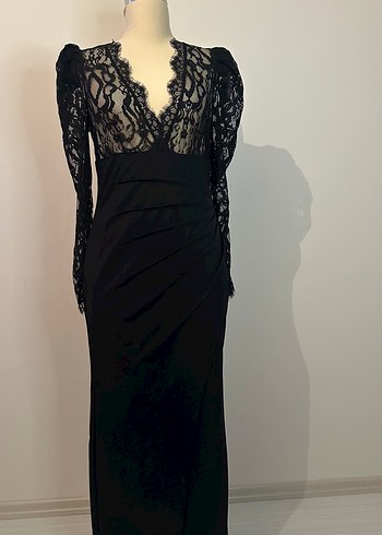 Dantel Detaylı Siyah Uzun Kollu V Yaka Elbise - Görsel 4