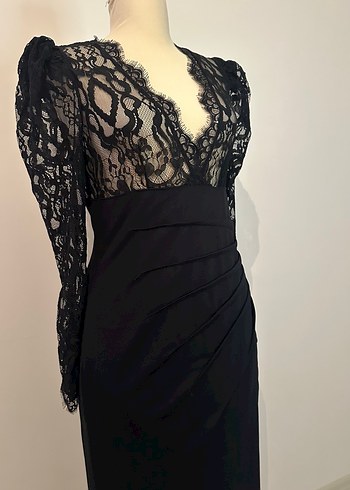 Dantel Detaylı Siyah Uzun Kollu V Yaka Elbise - Görsel 3