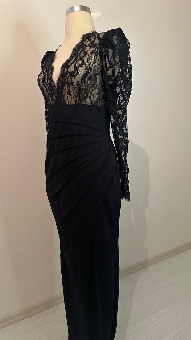 Dantel Detaylı Siyah Uzun Kollu V Yaka Elbise - Görsel 5