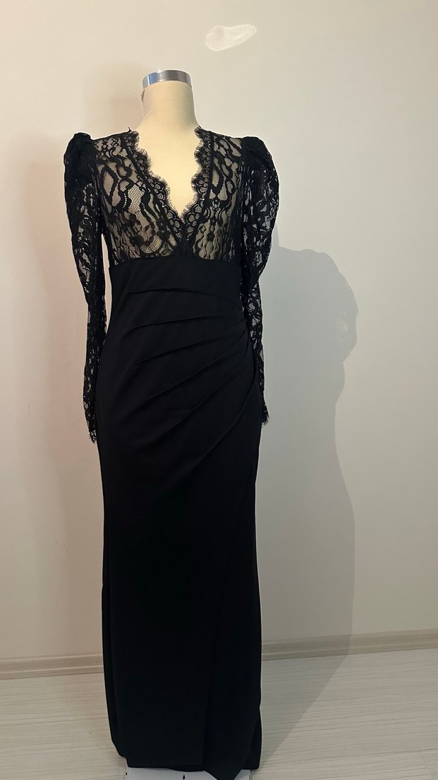 Dantel Detaylı Siyah Uzun Kollu V Yaka Elbise - Görsel 4