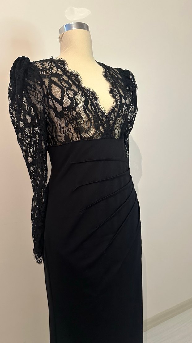 Dantel Detaylı Siyah Uzun Kollu V Yaka Elbise - Görsel 3