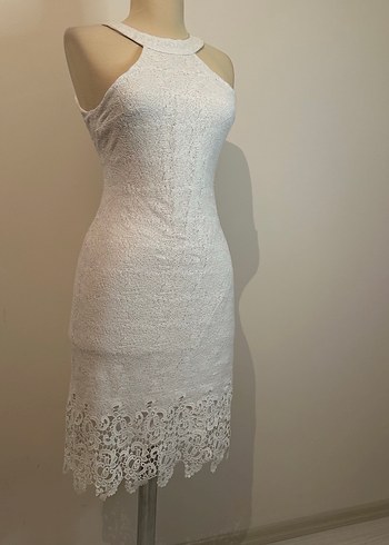 Dantel Detaylı Beyaz Midi Abiye Elbise - Görsel 2