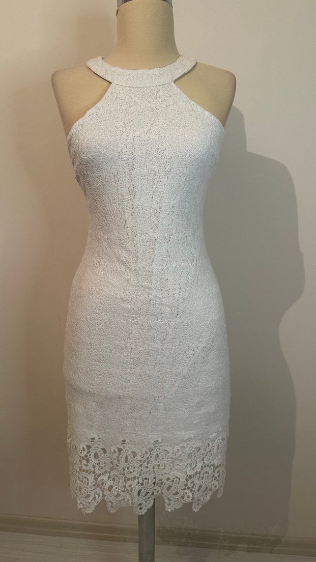 Dantel Detaylı Beyaz Midi Abiye Elbise - Görsel 4