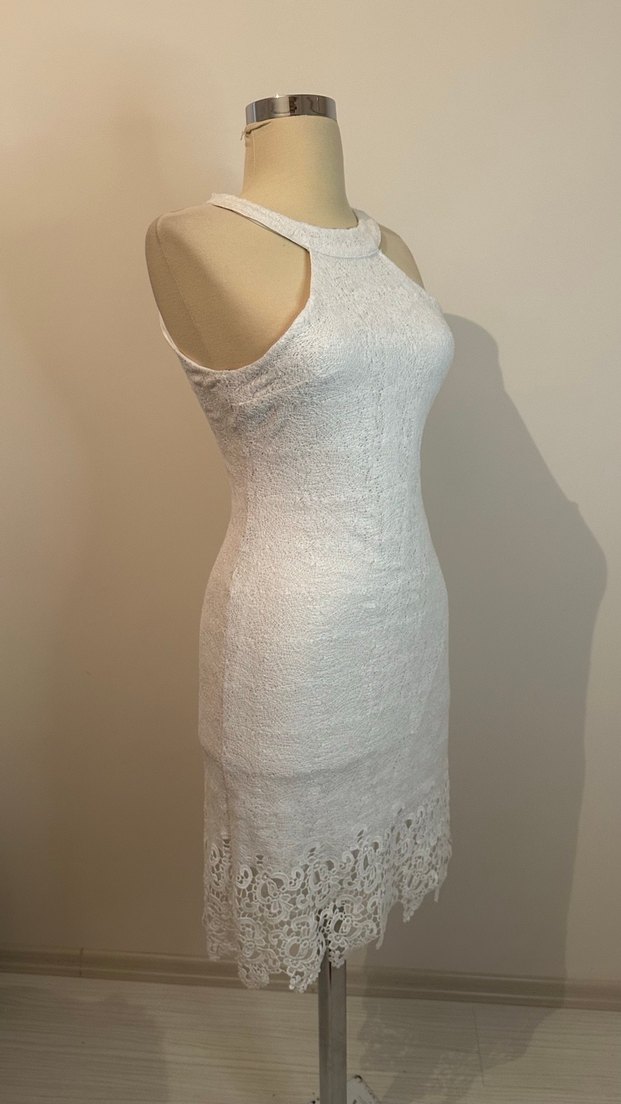 Dantel Detaylı Beyaz Midi Abiye Elbise - Görsel 3