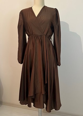 Kahverengi Uzun V Yaka Drapeli Elbise - Görsel 10