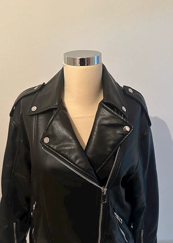 Kadın Siyah Deri Biker Ceket - Görsel 2