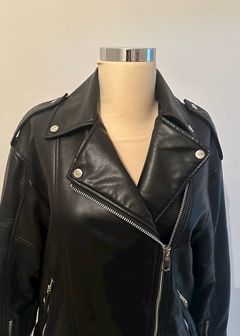 Kadın Siyah Deri Biker Ceket - Görsel 11