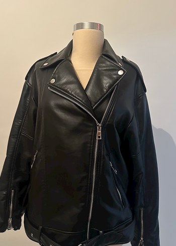 Kadın Siyah Deri Biker Ceket - Görsel 10