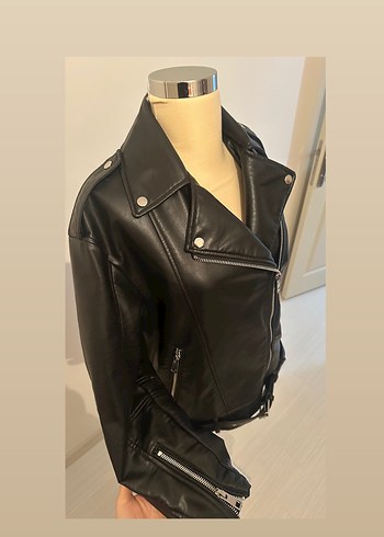 Kadın Siyah Deri Biker Ceket - Görsel 6