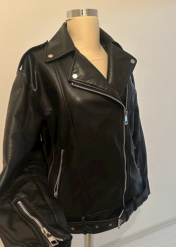 Kadın Siyah Deri Biker Ceket - Görsel 13