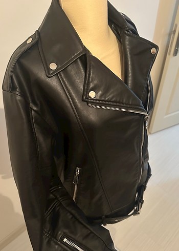 Kadın Siyah Deri Biker Ceket - Görsel 7