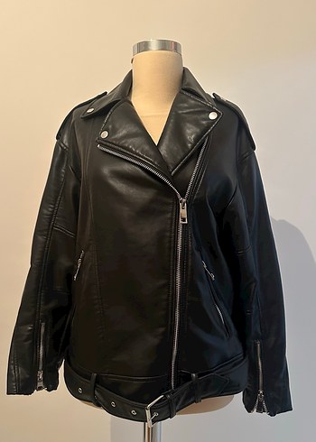 Kadın Siyah Deri Biker Ceket - Görsel 12