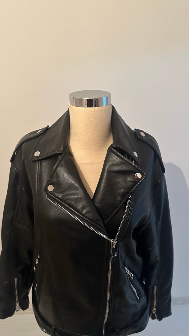 Kadın Siyah Deri Biker Ceket - Görsel 2