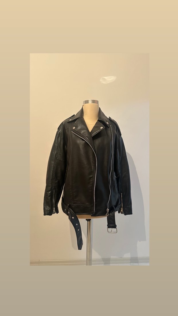 Kadın Siyah Deri Biker Ceket - Görsel 3