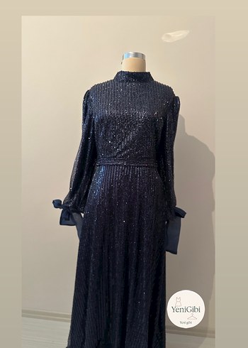 Parlak Lacivert Uzun Kollu Pilili Abiye Elbise - Görsel 18