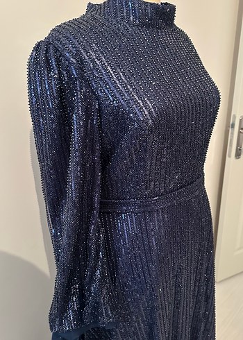 Parlak Lacivert Uzun Kollu Pilili Abiye Elbise - Görsel 11