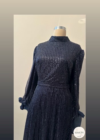 Parlak Lacivert Uzun Kollu Pilili Abiye Elbise - Görsel 17