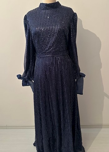 Parlak Lacivert Uzun Kollu Pilili Abiye Elbise - Görsel 19