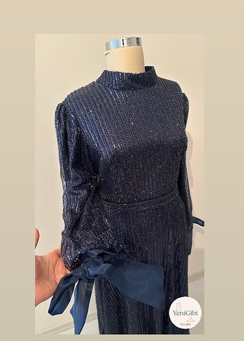 Parlak Lacivert Uzun Kollu Pilili Abiye Elbise - Görsel 4