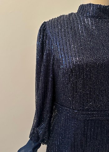 Parlak Lacivert Uzun Kollu Pilili Abiye Elbise - Görsel 12