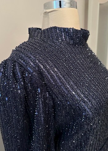 Parlak Lacivert Uzun Kollu Pilili Abiye Elbise - Görsel 8