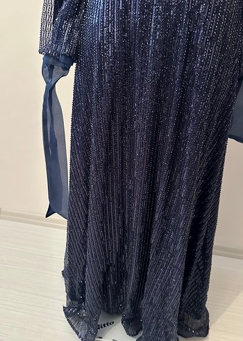 Parlak Lacivert Uzun Kollu Pilili Abiye Elbise - Görsel 7