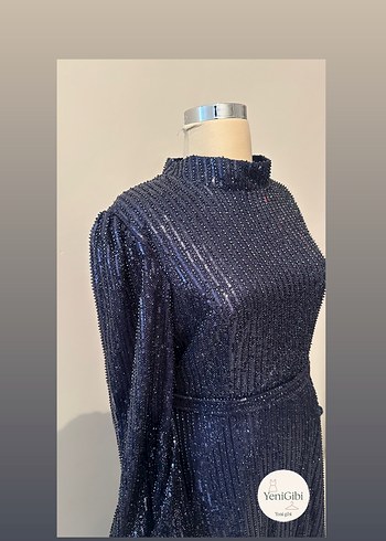 Parlak Lacivert Uzun Kollu Pilili Abiye Elbise - Görsel 9