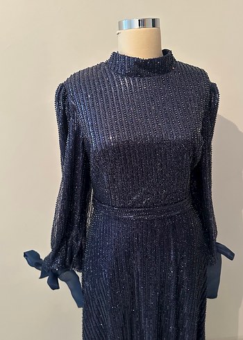 Parlak Lacivert Uzun Kollu Pilili Abiye Elbise - Görsel 14