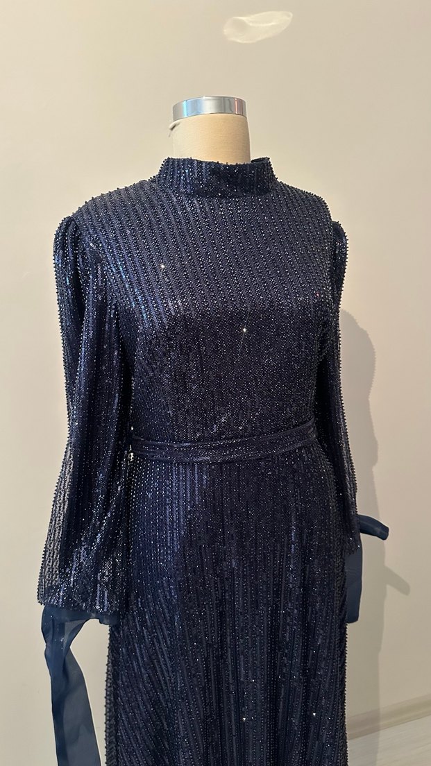 Parlak Lacivert Uzun Kollu Pilili Abiye Elbise - Görsel 5