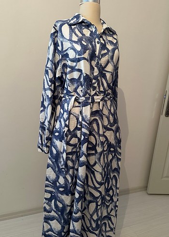 Düğmeli Mavi Gri Bağlamalı Uzun Elbise - Görsel 5