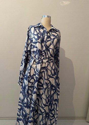 Düğmeli Mavi Gri Bağlamalı Uzun Elbise - Görsel 4