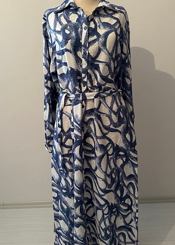 Düğmeli Mavi Gri Bağlamalı Uzun Elbise - Görsel 9