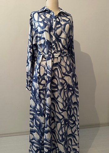 Düğmeli Mavi Gri Bağlamalı Uzun Elbise - Görsel 3