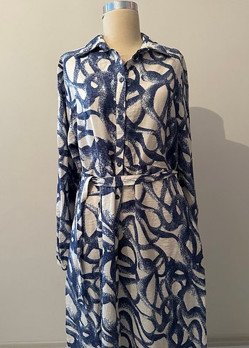 Düğmeli Mavi Gri Bağlamalı Uzun Elbise - Görsel 11