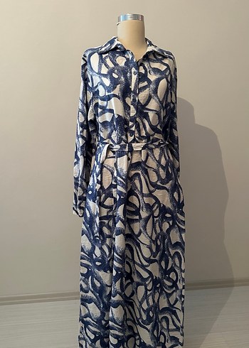 Düğmeli Mavi Gri Bağlamalı Uzun Elbise - Görsel 10