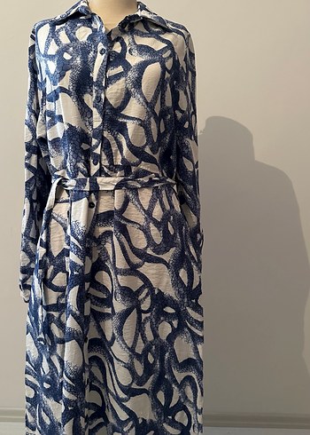 Düğmeli Mavi Gri Bağlamalı Uzun Elbise - Görsel 2