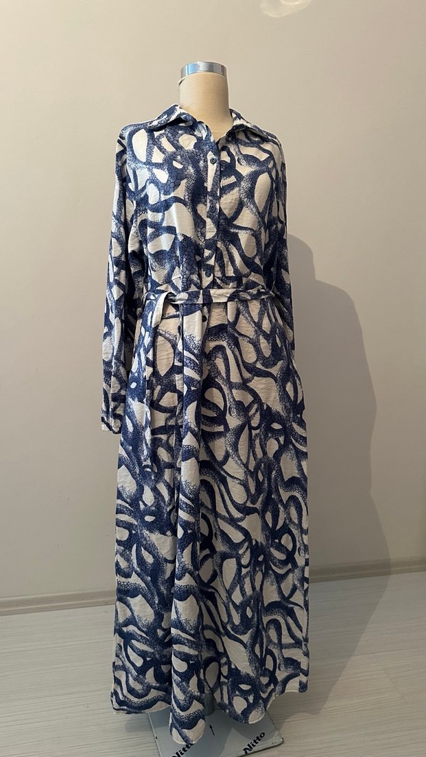 Düğmeli Mavi Gri Bağlamalı Uzun Elbise - Görsel 3