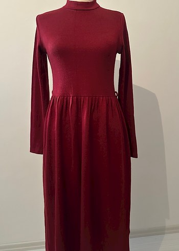 Bordo Yüksek Yaka Uzun Kollu Kadın Elbise - Görsel 4