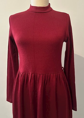 Bordo Yüksek Yaka Uzun Kollu Kadın Elbise - Görsel 6