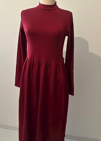 Bordo Yüksek Yaka Uzun Kollu Kadın Elbise - Görsel 9