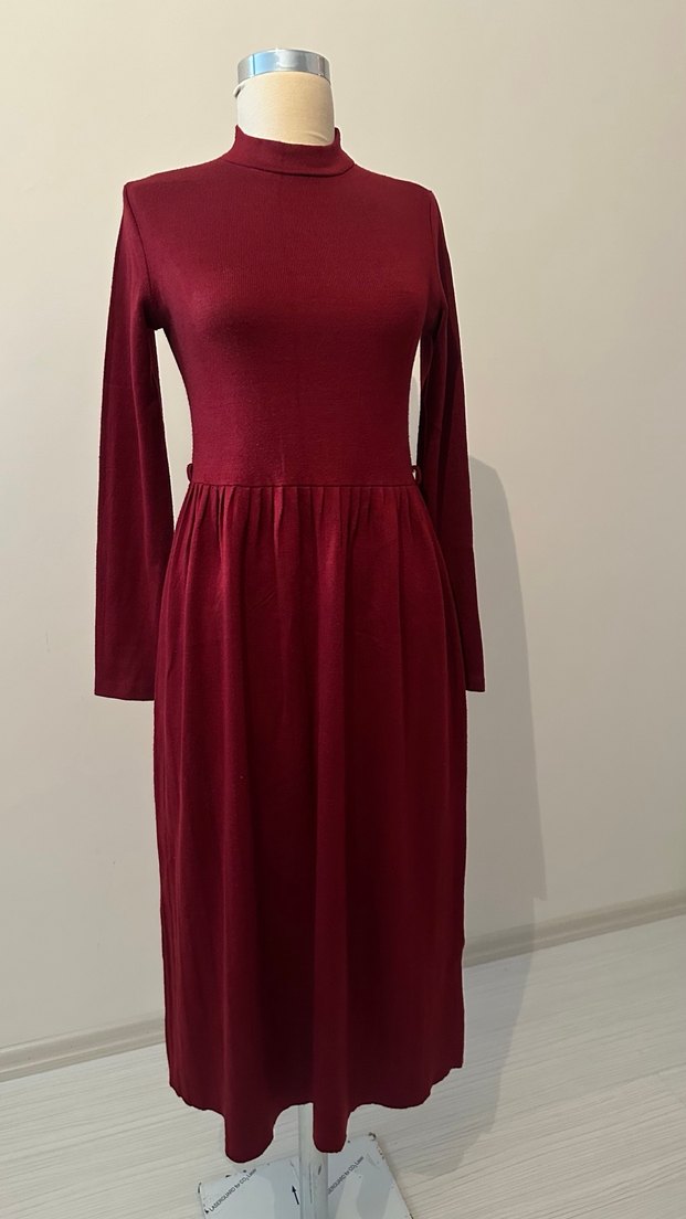 Bordo Yüksek Yaka Uzun Kollu Kadın Elbise - Görsel 2